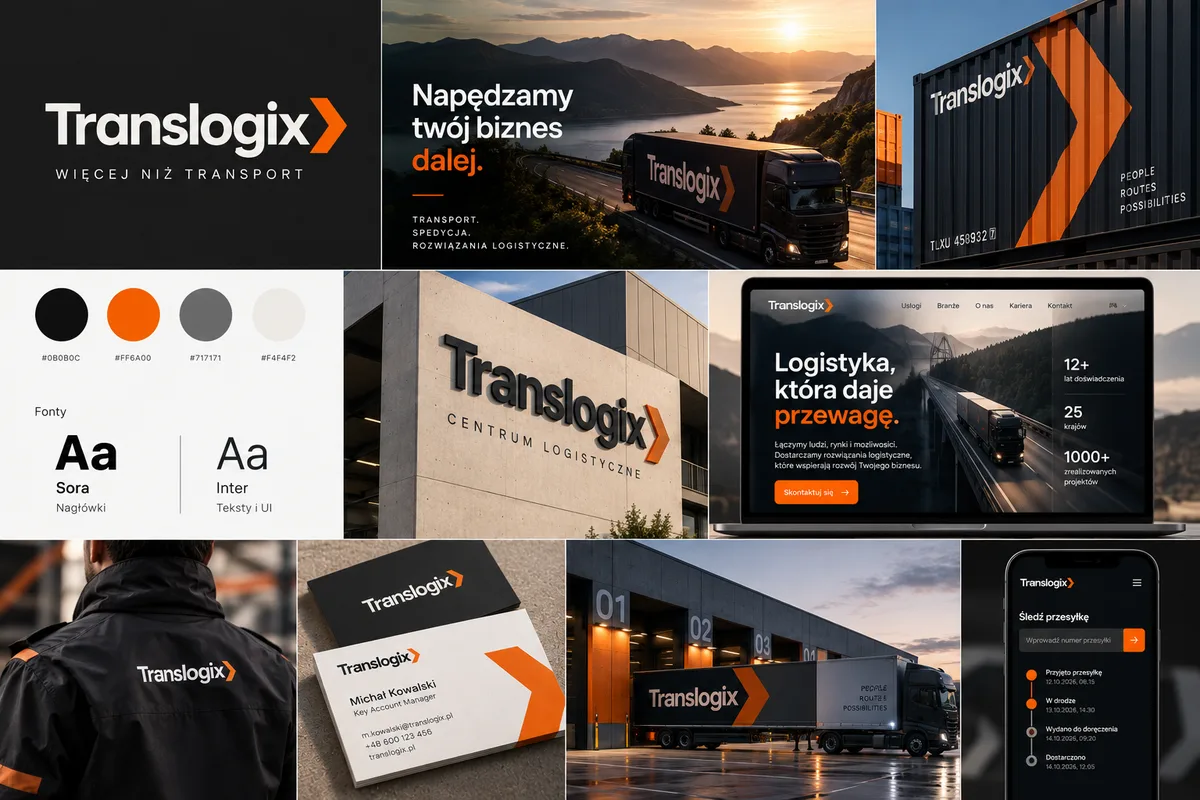 Identyfikacja wizualna firmy logistycznej: logo, kolory, naczepa, budynek, strona i aplikacja