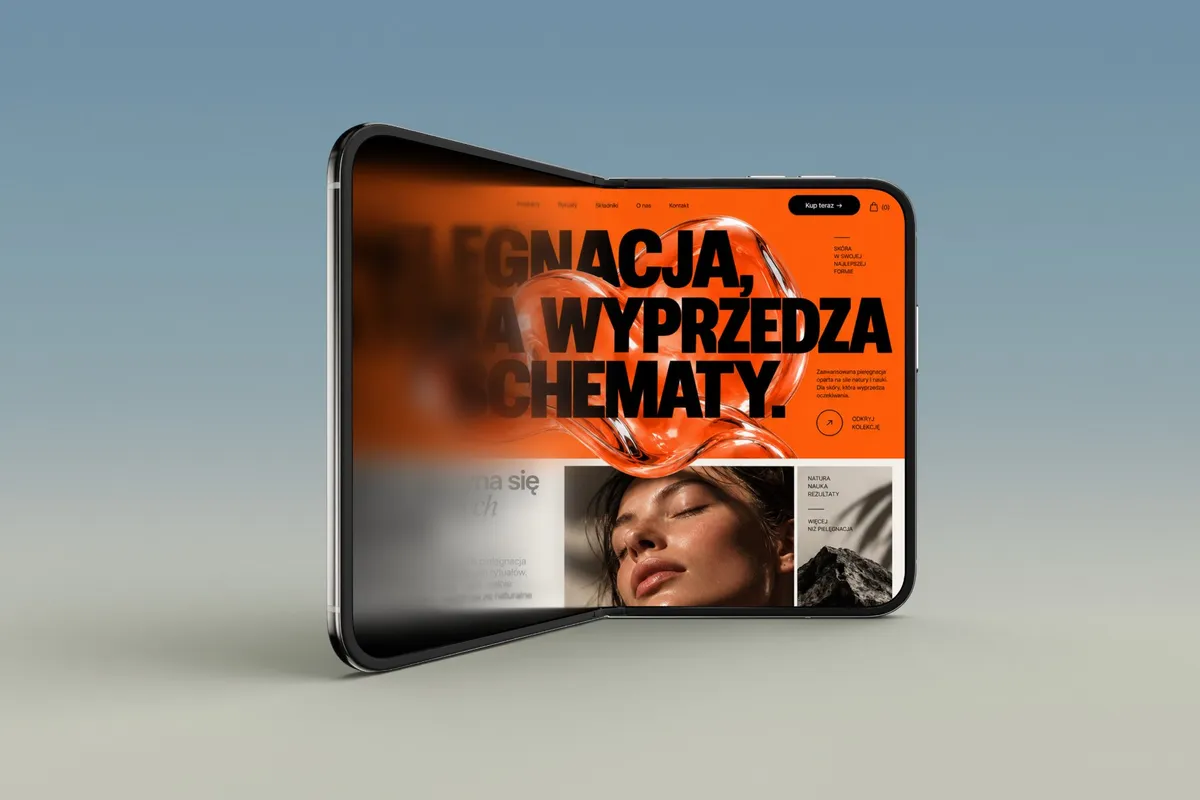 Koncepcja strony marki kosmetycznej na składanym telefonie